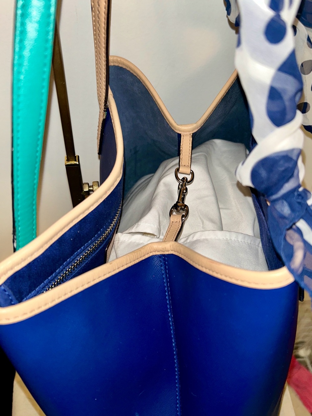 Coach Park Navy Saffiano Leather Tote with Polka Dot Scarf-wrapped Handles - Picture 7 of 14